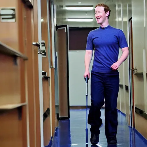 Prompt: mark zuckerberg as a school janitor, candid photograph