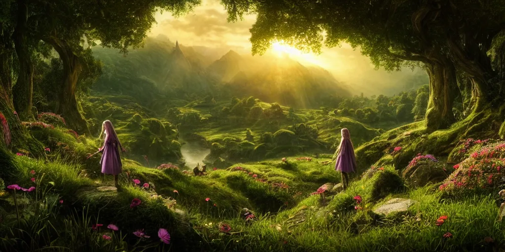 Prompt: a fairy in the lord of the rings scenery landscape, looking out at a vast lush valley flowers and homes made of mushrooms, mysterious ， stream, sunrise, wallpaper ， god's rays highly detailed, vivid color, cinematic lighting, perfect composition, 8 k, gustave dore, derek zabrocki, greg rutkowski, belsinski, octane render