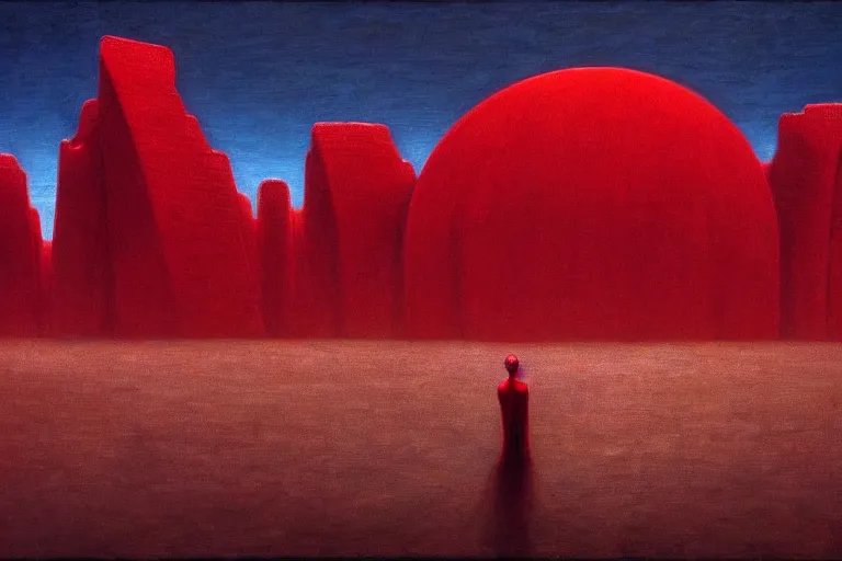 Prompt: only with red, red god of death eat apple, a futuristic city on mars in the background, red worms on the floor, in the style of beksinski, part by hopper, part by rodcenko, part by hofbauer, intricate composition, red by caravaggio, insanely quality, highly detailed, masterpiece, red light, artstation, 8 k