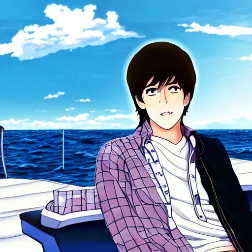 Image similar to anime illustration of young Paul McCartney from the Beatles, wearing a blue and white check shirt, silver sports watch, on a yacht at sea, relaxing and smiling at camera, white clouds, ufotable