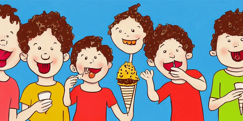 Image similar to a children's book illustration of three young kids enjoying ice cream in the style of steve simpson