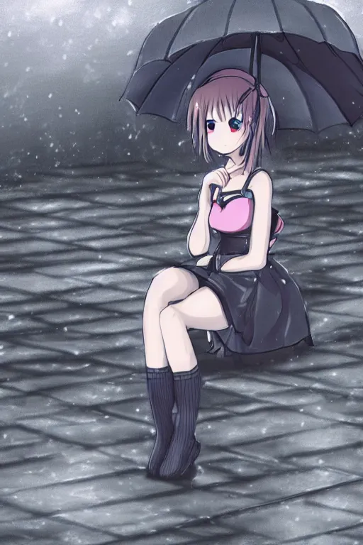 Prompt: A stern girl in Japanese maid's clothes and long stockings sits on the wet pavement in a parking lot in the rain at night. Dark anime drawing in gothic pixiv style.