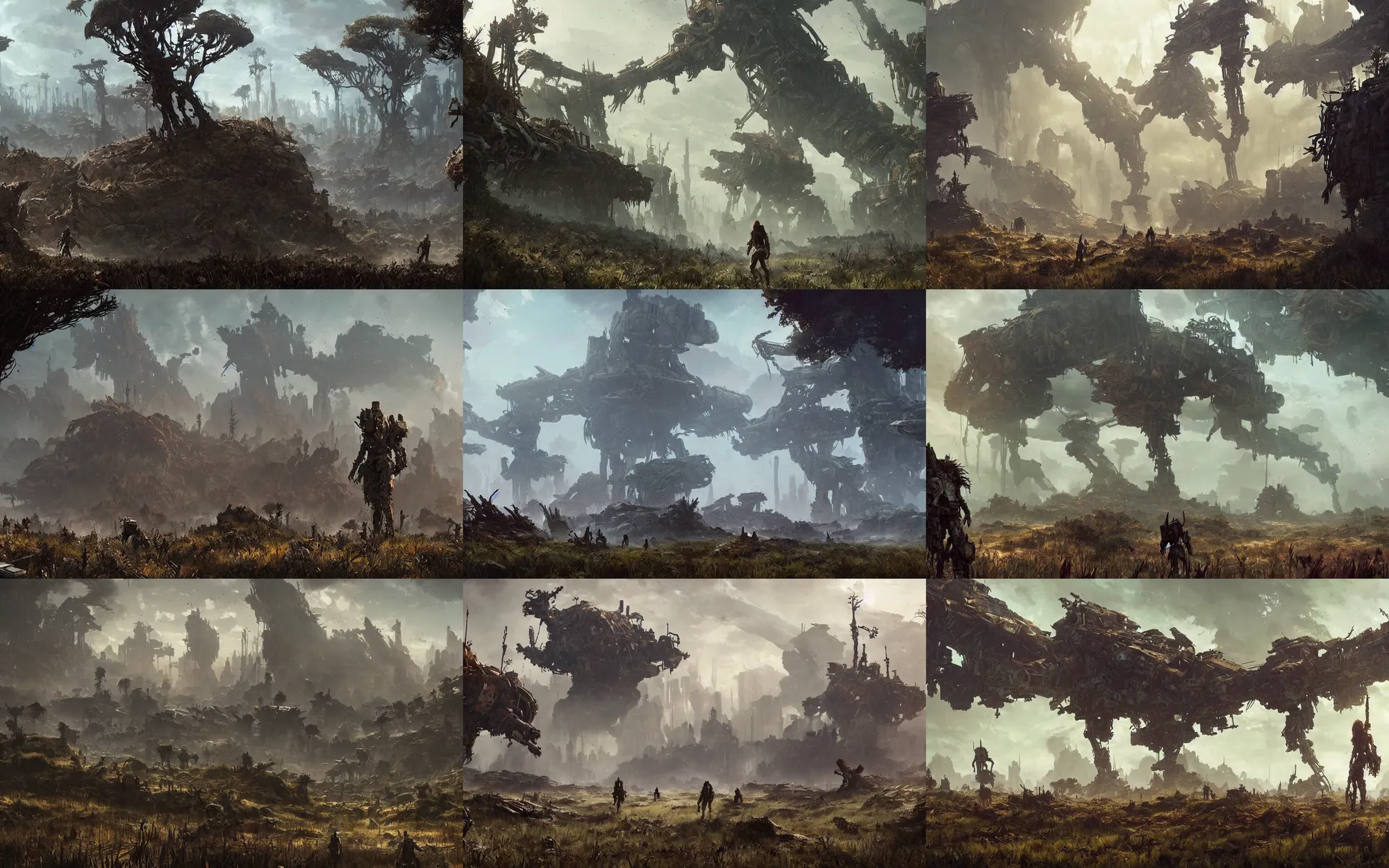 Prompt: a an overgrown post apocalyptic landscape, scifi character art by greg rutkowski, craig mullins, horizon zero dawn, cinematic lighting, dystopian scifi apocalypse