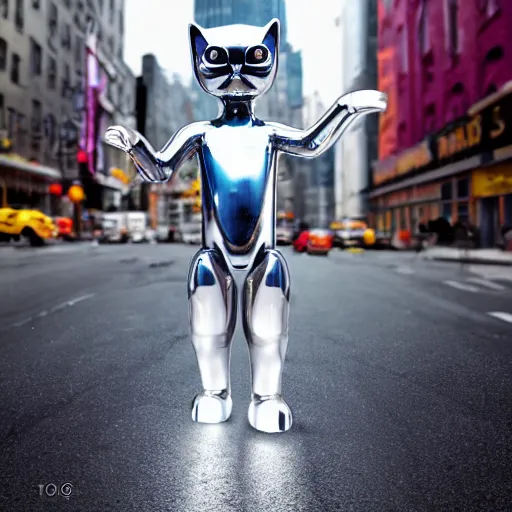 Image similar to a t - 1 0 0 0 cat made of liquid metal walking in the streets of new york city and frightening all the people around, volumetric lighting, sharp focus, ultra detailed, cgsociety - w 1 0 2 4 - n 8 - i