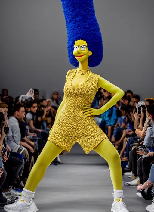 Image similar to hyperrealistic and heavy detailed air jordan runway show of marge simpson, leica sl 2 5 0 mm, vivid color, high quality, high textured, real life