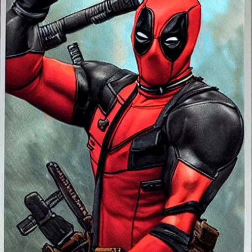 Prompt: photo of a photo pf a photo of deadpool by Justin Gerard