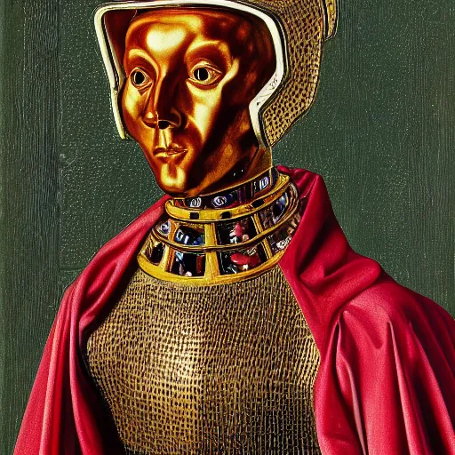 Image similar to a portrait of a shiny metallic renaissance robot, in the style of Jan van Eyck,