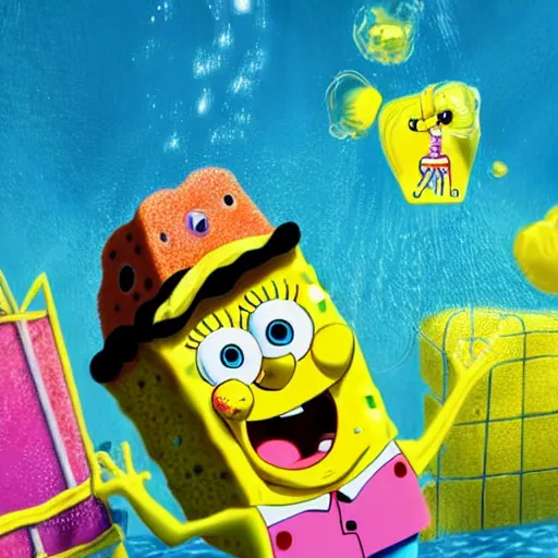 Image similar to real life SpongeBob squarepants and Patrick portrait, render, 4k, hyper realism, photo realistic