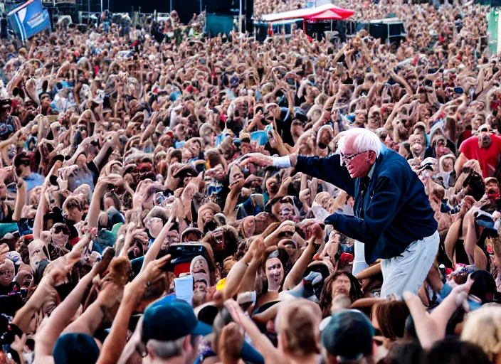 Image similar to photo still of bernie sanders at vans warped tour!!!!!!!! at age 8 0 years old 8 0 years of age!!!!!!! stage diving into a crowd, 8 k, 8 5 mm f 1. 8, studio lighting, rim light, right side key light