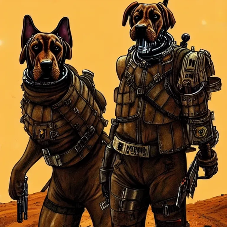 Image similar to a good ol'bloodhound pup fursona ( from the furry fandom ), heavily armed and armored facing down armageddon in a dark and gritty version from the makers of mad max : fury road. witness me.