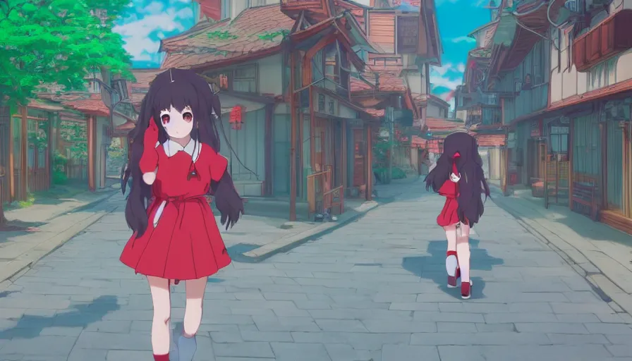 Prompt: A girl that looks EXACTLY like Hakurei Reimu • walking through the middle of an isekai town street • cinematic anime screenshot in the style of Rumiko Takahashi, vibrant colors