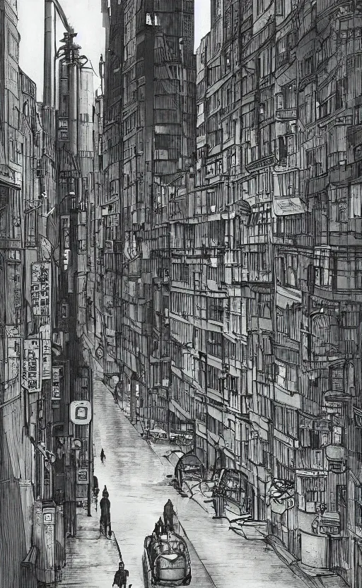 Image similar to a tall man standing next to a huge car in a street, tokyo city in the background, people walking in the distance, reflections on wet streets, dieselpunk style, steampunk, architecture by francois schuiten, beautiful illustration, drawing, painting, clean lines, digital art, symmetric, colorful retrofutur, artstation, plein air, 2 d game art, isometric