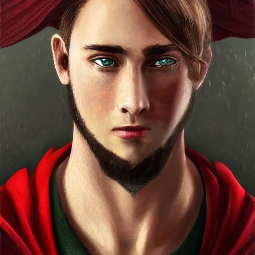 Prompt: realistic portrait, 25 years old man :: overweight fantasy mage :: green eyes, short black hair :: wearing a red brown robe :: high detail, digital art, RPG, concept art, illustration