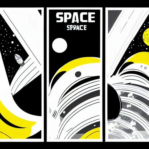 Prompt: a 70s vector based poster illustration about a space travel, negative space allowed, black ink on white background, smooth curves