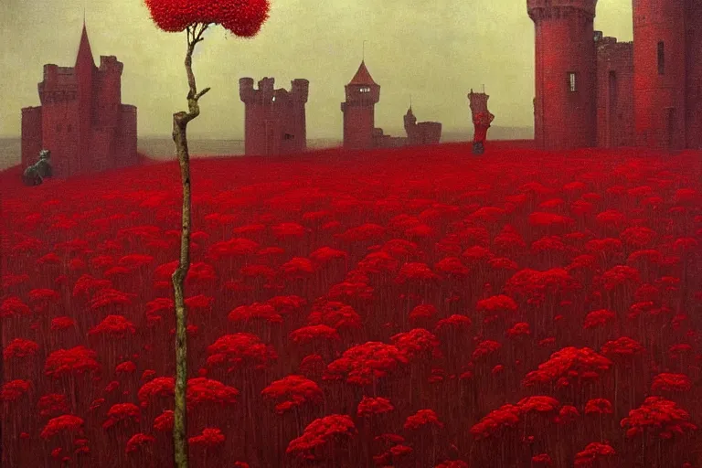 Image similar to only with red, red flowers of different types, a red tiger, a castle in the background, medieval demons dance over the flowers, an ancient path, in the style of beksinski, part by hopper, part by rodcenko, part by hofbauer, intricate composition, red by caravaggio, insanely quality, highly detailed, masterpiece, red light, artstation