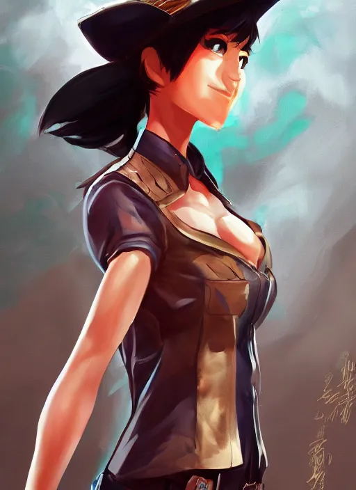 Image similar to full size persona, female sheriff, detail, ultra sharpness, beautiful female, detailed face, art by huyy nguyen, style by cain kuga, cowboy bebop art style