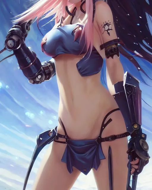 Image similar to portrait Anime Girl in bikini armor cute-fine-face, pretty face, realistic shaded Perfect face, fine details. Anime. Warhammer, futuristic, cyberpunk realistic shaded lighting by katsuhiro otomo ghost-in-the-shell, magali villeneuve, artgerm, rutkowski Jeremy Lipkin and Giuseppe Dangelico Pino and Michael Garmash and Rob Rey