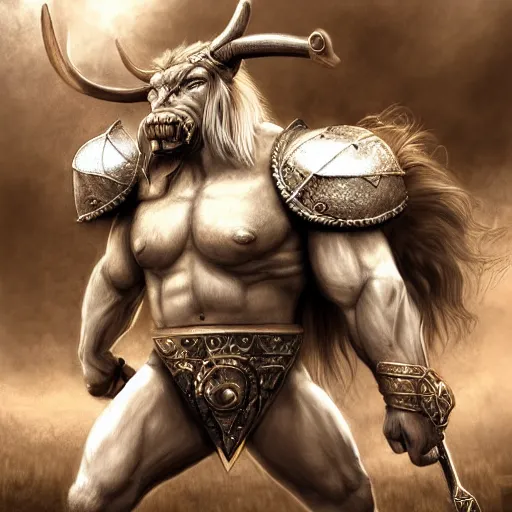 Prompt: Giant minotaur beast warrior with two handed axe, heavy white and golden armor, impressive horns, long mane, full body, muscular, dungeons and dragons, hyperrealism, high details, digital painting