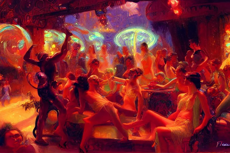 Image similar to futuristic disco party, summer, neon light, painting by gaston bussiere, craig mullins, j. c. leyendecker