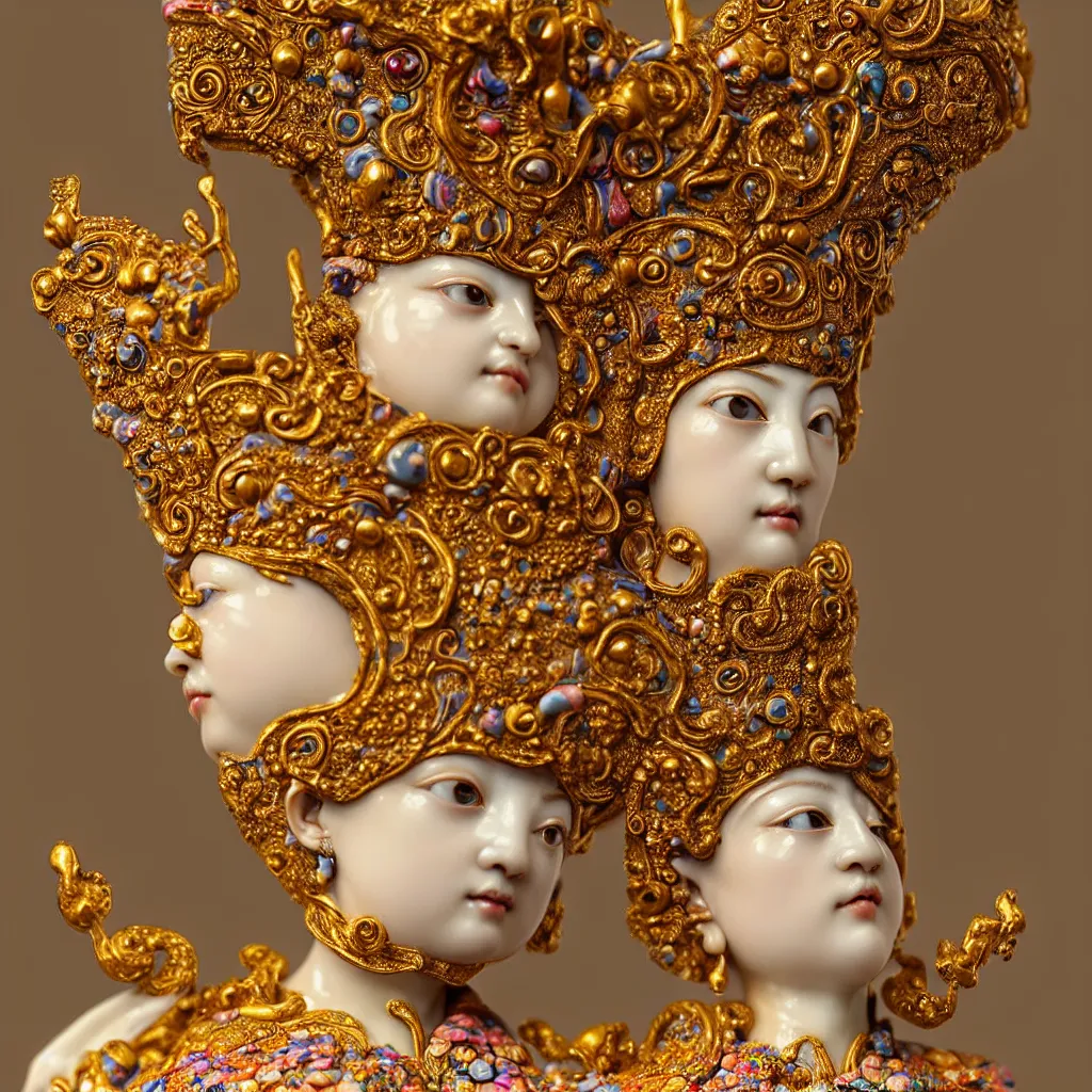 Prompt: a single close up photo - real delicate ceramic porcelain sculpture of an ornate queen detailed in front of an intricate background by gustac klimt, micro detail, backlit lighting, face in focus, subsurface scattering, translucent, thin porcelain, octane renderer, colorful, physically based rendering, japanese pottery, trending on cgsociety