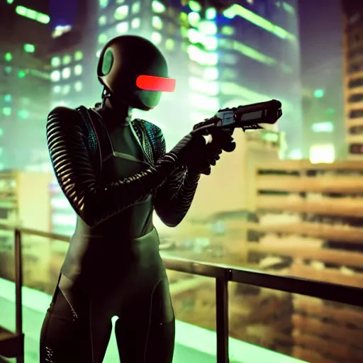 Image similar to cinestill 5 0 d candid photographic portrait of a techwear woman holding a gun on the rooftop of a futuristic city at night, closeup, modern cyberpunk moody emotional cinematic, clear skies, 8 k, hd, high resolution, 3 5 mm, f / 3 2, ultra realistic faces, ex machina