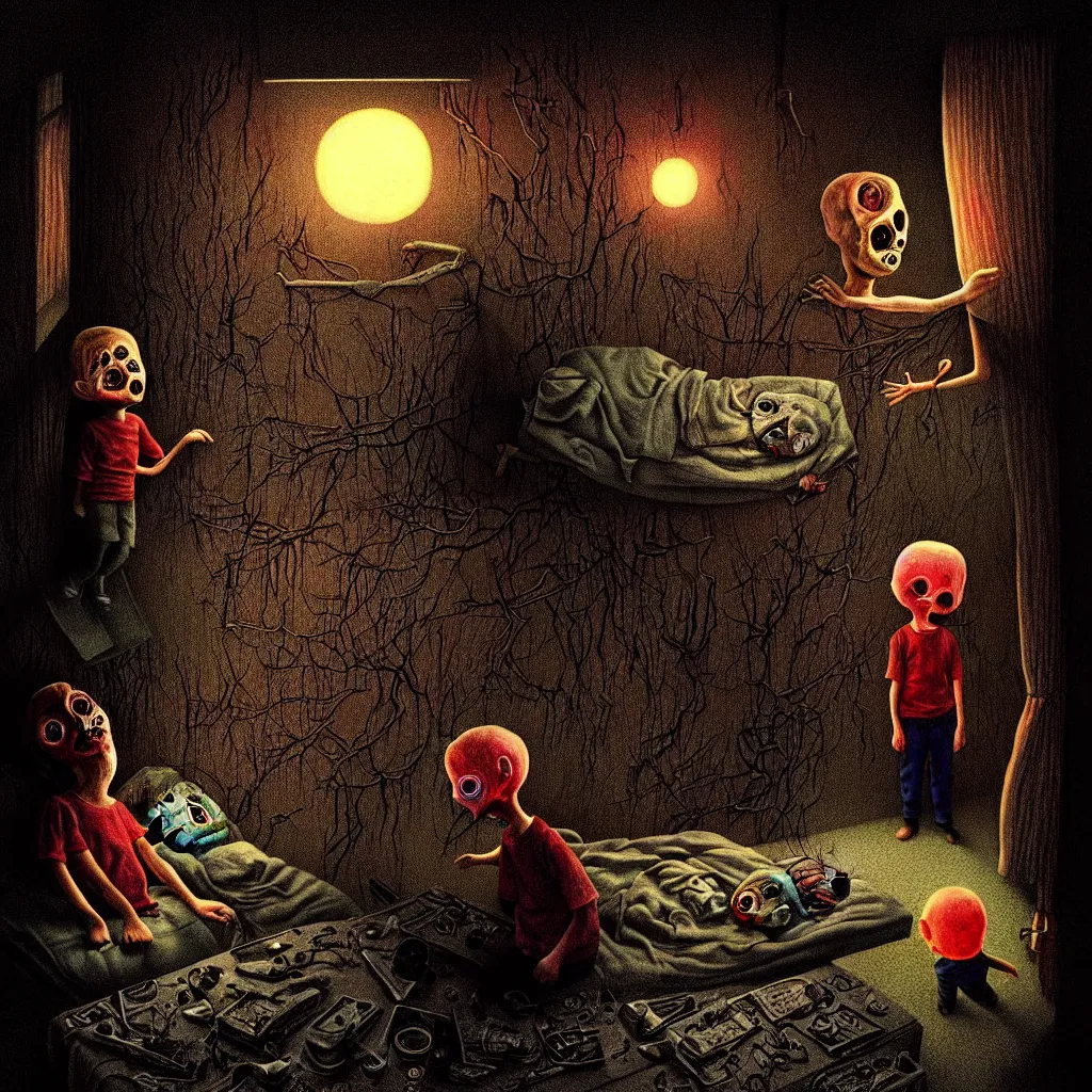 Prompt: terrifying artwork from a children's book depicting the dark and disturbing events of a very special boy's very special day by roger deakins. high detail, lush coloful surrealistic nightmare, detailed illustration, sharp focus, artstation, beautifull, illuminated, extremely lifelike