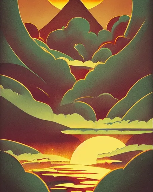 Image similar to art deco illustration of the most epic sunset, artstation, deviantart, pinterest, 5 0 0 px models