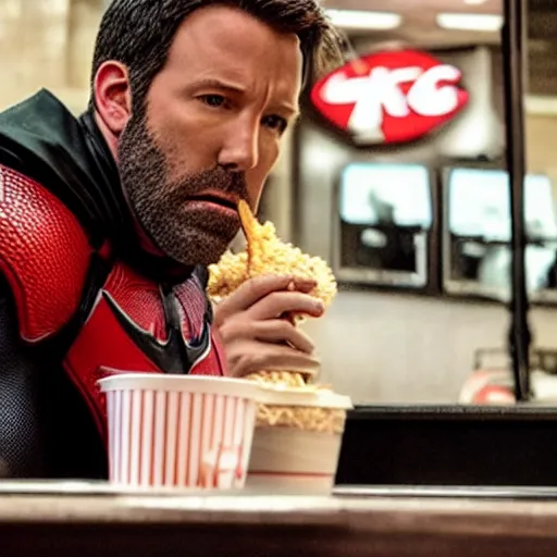 Image similar to Hyper-realistic photo of Ben Affleck's Batman eating at KFC. Extremely detailed. Beautiful. 4K. Award-winning