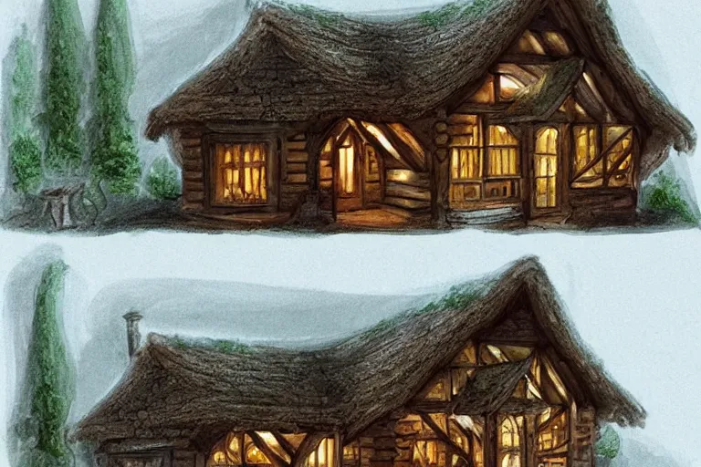 Image similar to wooden cottage, living room, elves sitting on the couch, traditional fireplace, concept art