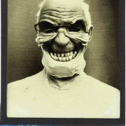 Prompt: a realistic polaroid photo of an old man after a failed experiment inside a laboratory, the head of the old man is burned, cosmic horror