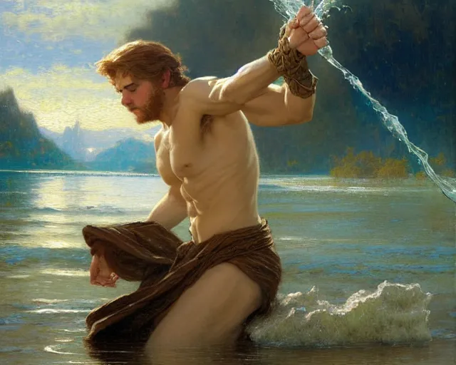 Image similar to attractive male wizard casting powerful wave water spell in a beautiful lake. highly detailed painting by gaston bussiere, craig mullins, j. c. leyendecker 8 k