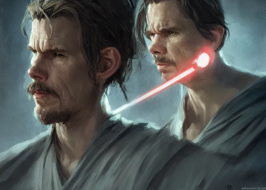 Image similar to painting portrait of Ethan Hawke dressed as lord in Star Wars, sharp focus, waist up, trending on ArtStation, masterpiece, by Greg Rutkowski, by Ross Tran, by Fenghua Zhong, octane, clear eyes, soft render, clear facial features, oil on canvas, moody lighting, cinematic, professional environment concept art