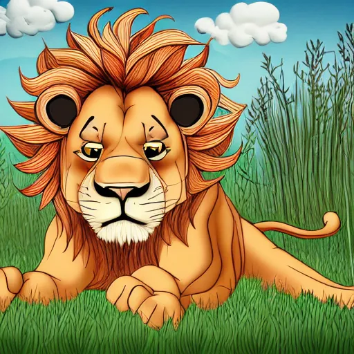 Image similar to cute cheerful lion with his two ears and his trunk in a meadow, colouring - in sheet, concept design, character art, sharp focus, highly detailed, artstation