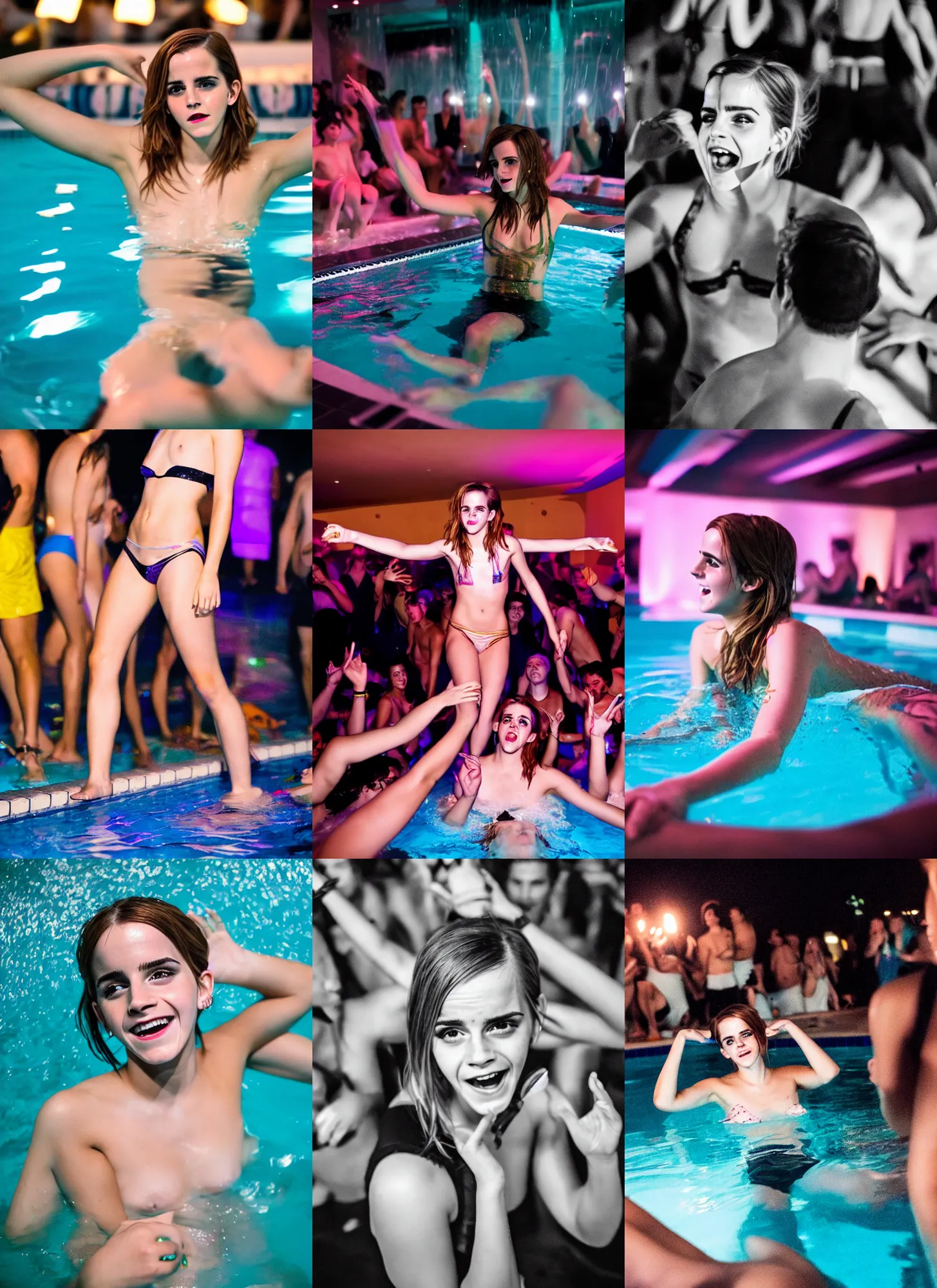Prompt: emma watson drunk having fun being the center of attention in a pool party in a modern indoors pool at night. sensual. hyper realistic. cyberpunk illumination. canon eos r 3, f / 1. 4, iso 2 0 0, 1 / 1 6 0 s, 8 k, raw, unedited, symmetrical balance, in - frame