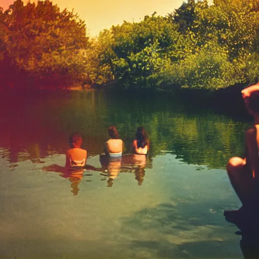 Prompt: color photograph from the sixties of people sitting by a lake in summer, faded colors, light leaks