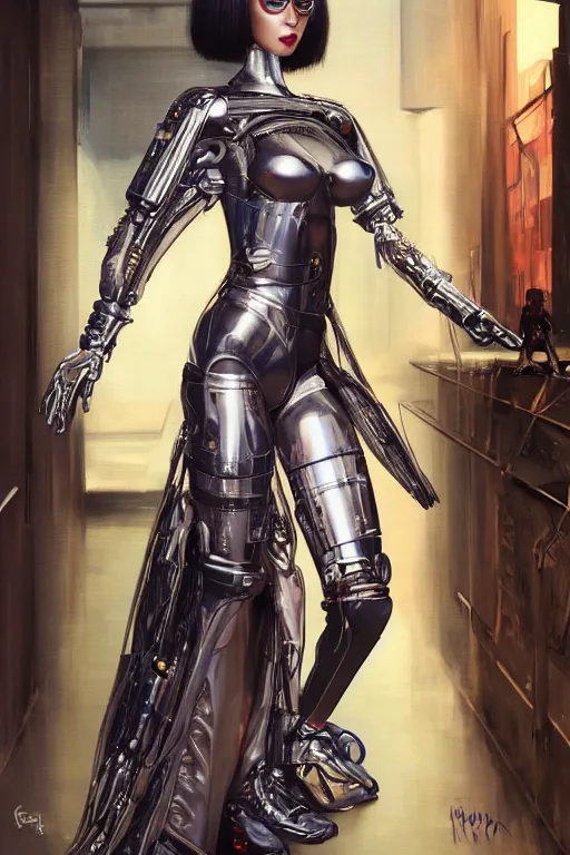 Image similar to Photorealistic illustration, full body geisha cyborg balanciaga fashion show , with fashion clothe, six digital eyes by sorayama , cyberpunk 2077, sci-fi, futuristic, intricate, elegant, highly detailed, digital painting, artstation, concept art, smooth, sharp focus, art by artgerm, greg rutkowski and alphonse mucha