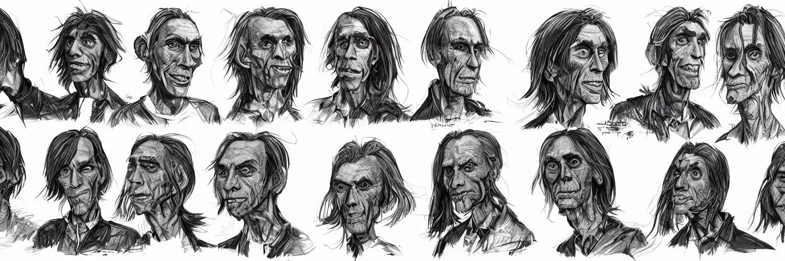 Image similar to character study of julian lage and iggy pop, clear faces, wild, crazy, character sheet, fine details, concept design, contrast, kim jung gi, pixar and da vinci, trending on artstation, 8 k, full body and head, turnaround, front view, back view, ultra wide angle