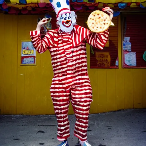 Prompt: clown dressed up as a pizza, clowcore, michelin star food, clowncore funhouse, photo by annie leibowitz