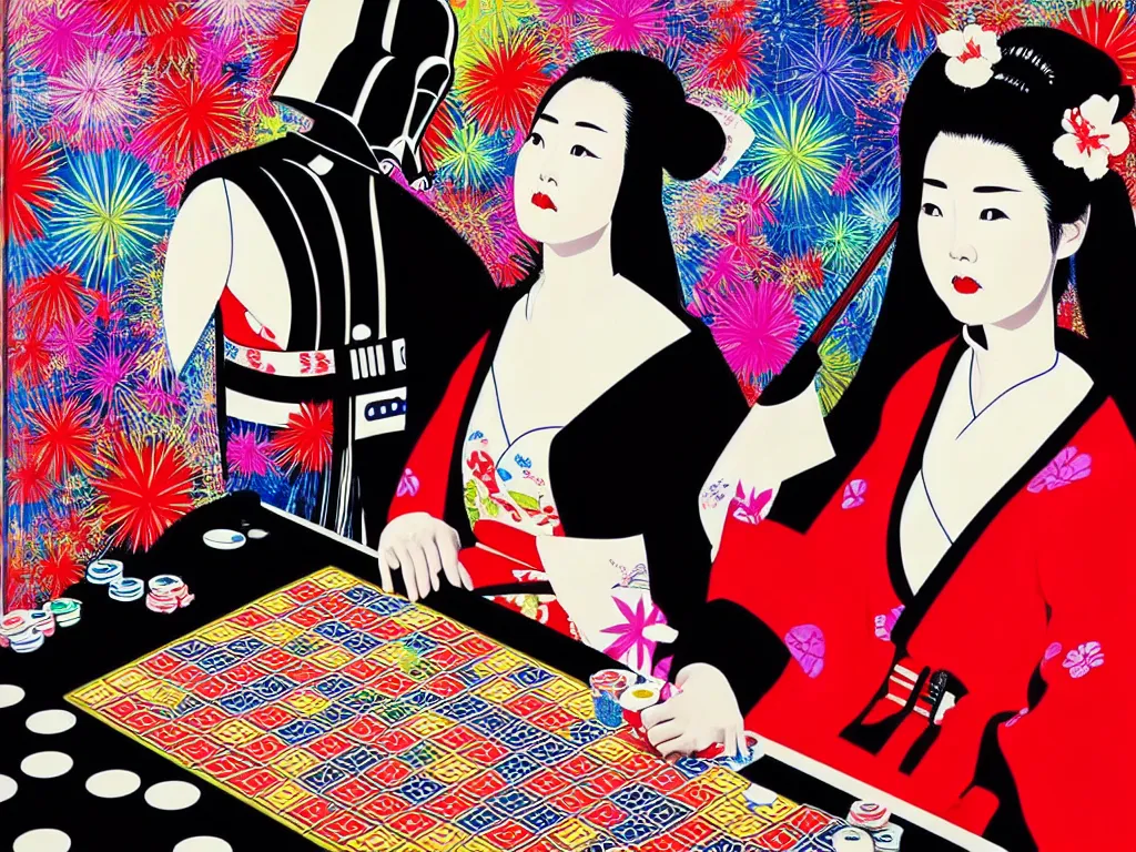 Image similar to hyperrealistic composition of the detailed woman in a japanese kimono sitting at a poker table with detailed darth vader, fireworks, mount fuji on the background, pop - art style, jacky tsai style, andy warhol style, acrylic on canvas