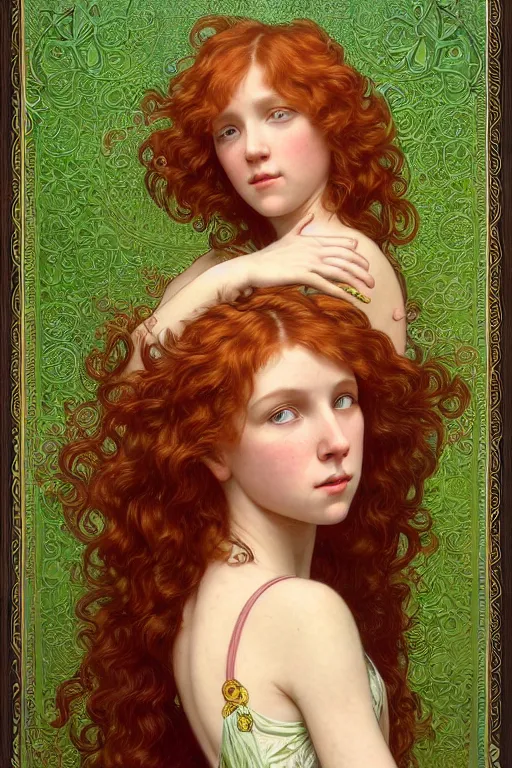 Prompt: intricate art nouveau oil painting of redheaded young millie bobby brown with long hair blowing in the wind, wearing an intricate green lace dress, highly detailed, intricate golden symmetric pattern background, elegant, digital painting, smooth, sharp focus, illustration, ultra realistic, 8 k, by bouguereau, alphonse mucha, artgerm, and donato giancola