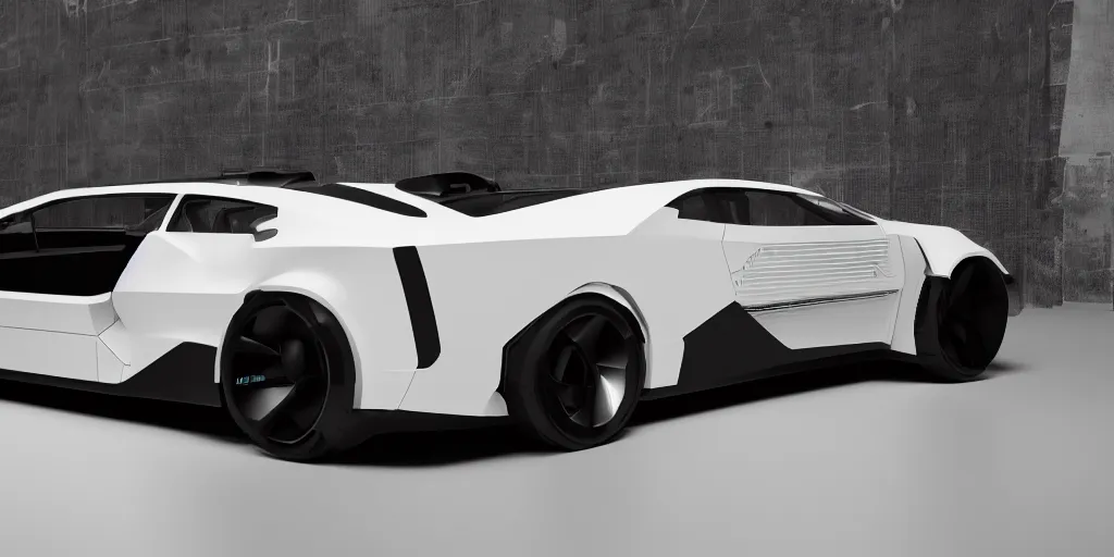 Prompt: a design of a futuristic DMC Delorian, designed by Polestar, blade runner background, back view, rose copper car paint with white line accent detailing, black windows, sportscar, black show room, dramatic lighting, octane rendering, unreal engine rendering, hyper realistic render, depth of field, octane rendering