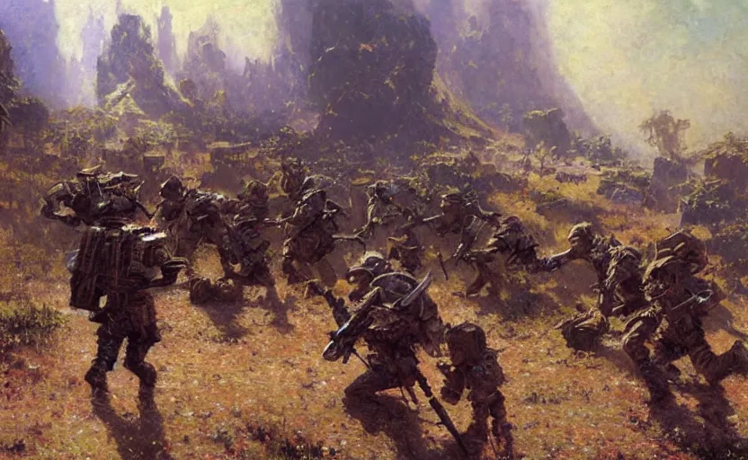 Image similar to soldiers being killed by fantasy minecraft creeper, painting by Gaston Bussiere, Craig Mullins