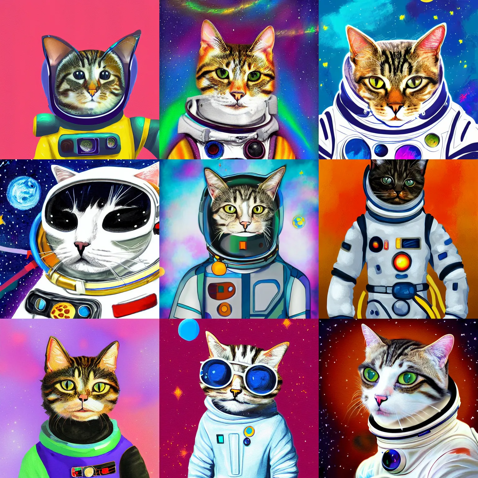 Prompt: painterly style artwork of a cat wearing a spacesuit, digital art