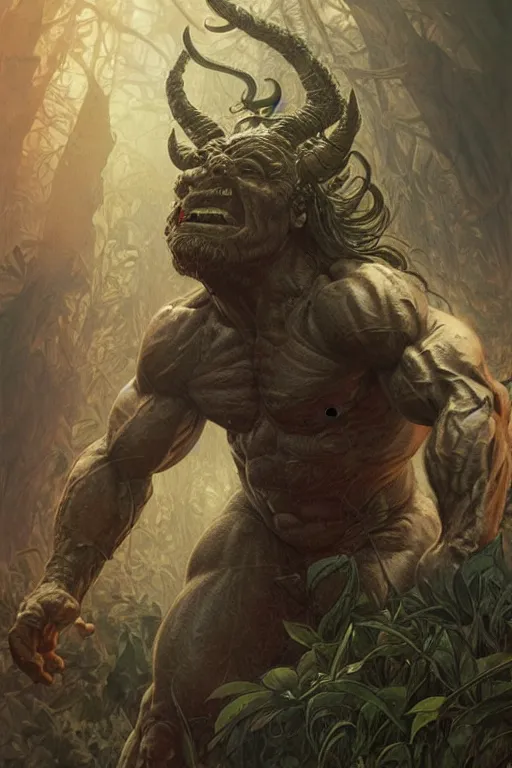 Image similar to portrait of george w bush as a hulking herculean demon, forest, godlike, full body, fantasy, intricate, elegant, highly detailed, digital painting, artstation, concept art, sharp focus, illustration, art by artgerm and greg rutkowski and alphonse mucha