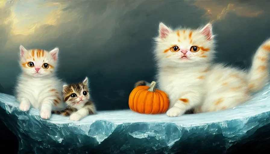 Image similar to highly detailed painting of cute baby furry pumpkin kitty cats on a blue and white iceberg by william turner, by greg rutkowski, by william constable, thick brush strokes and visible paint layers, 4 k resolution