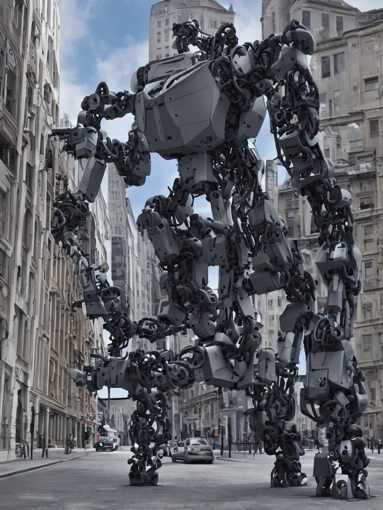 Prompt: a mech robot on a modern street, realistic