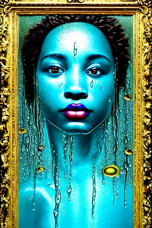 Prompt: photo realistic precisionist cinematic very expressive! oshun goddess, in water! john everett millais, mirror dripping droplet!, gold flowers, highly detailed face, digital art masterpiece, smooth eric zener cam de leon, dramatic pearlescent turquoise light on one side, low angle uhd 8 k, shallow depth of field