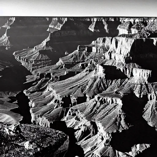 Prompt: grand canyon, high resolution, black and white photograph by ansel adams