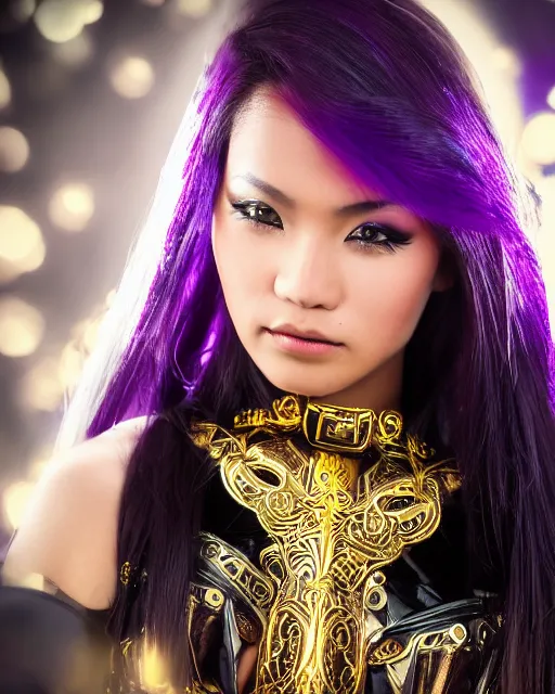 Prompt: a beautiful close up photo of a Filipina female with long hair and purple eyes, no helmet, wearing leather and gold futuristic steampunk costume , with ornate rune carvings and glowing lining, very detailed, shot in canon 50mm f/1.2