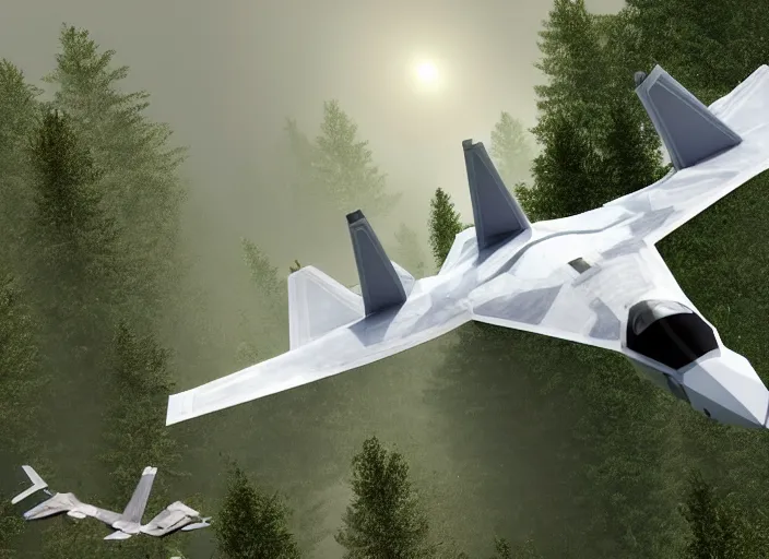 Prompt: a 3 d scene of an angelic f - 2 2 raptor jet with swan wings with ornate rococo patterns flying over an enchanted forest